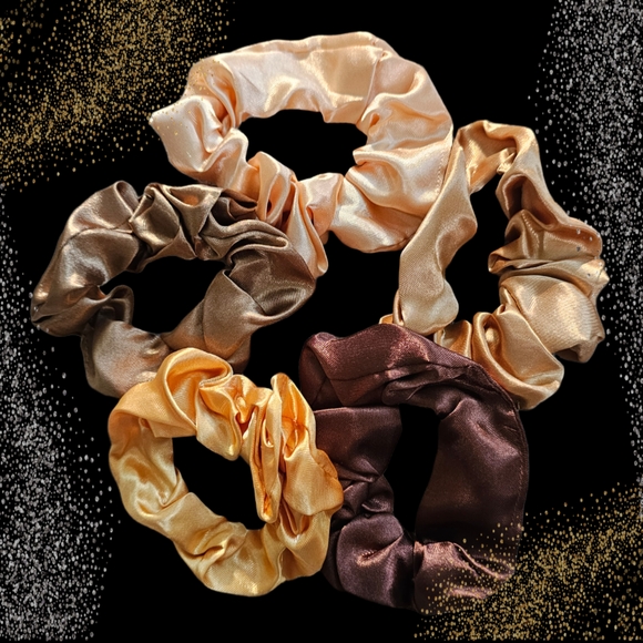 Elegant Satin Scrunchies Set For Fall 🍂 - Gold, Brown, and Cream 5 Scrunchies - Picture 1 of 1